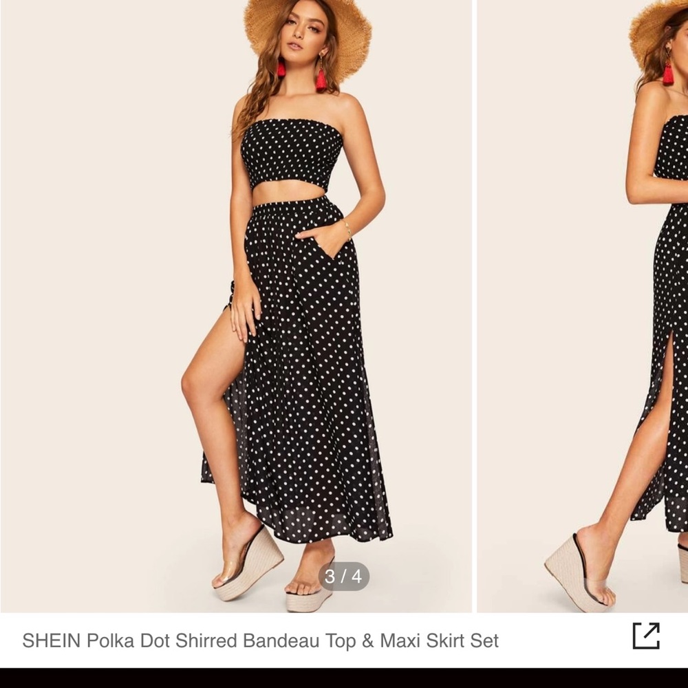 Polka a dot bandeau top and side split maxi skirt set